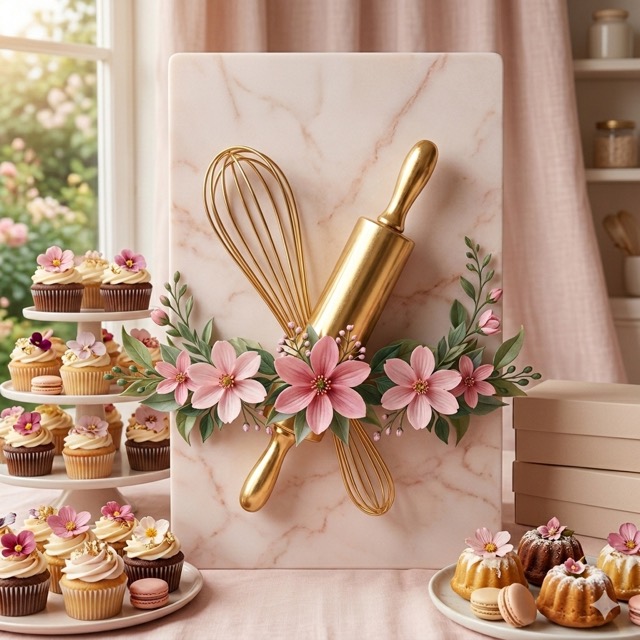 Romantic Blooming Delights dessert display with cupcakes and floral accents